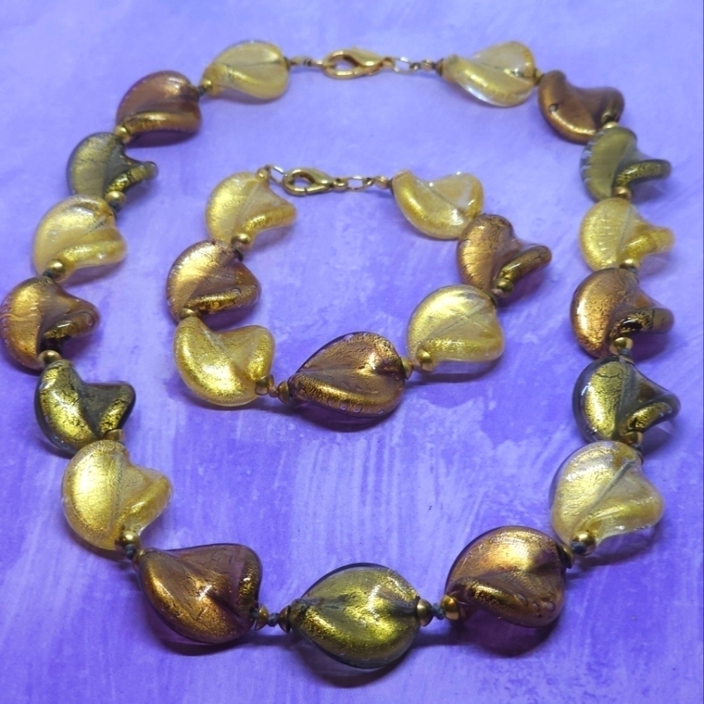 Gold Foil Glass Twisted Bead Necklace & Bracelet Set